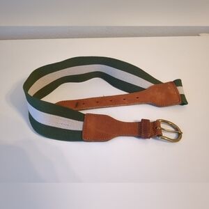 1937 Accessories Green Stripe Canvas Genuine Leather Elastic Belt XS/SM